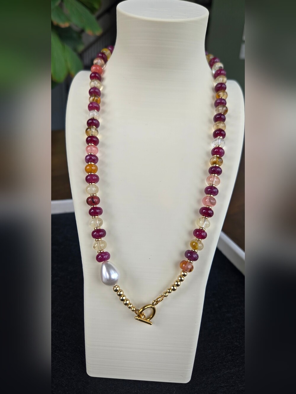Handcrafted Semiprecious Stone - Purple Jade And Swarovski Pearl Necklace